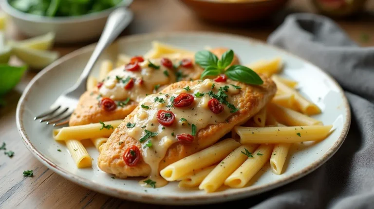 Crock Pot Marry Me Chicken served with penne pasta, coated in a creamy garlic and parmesan sauce, topped with sun-dried tomatoes and fresh basil.