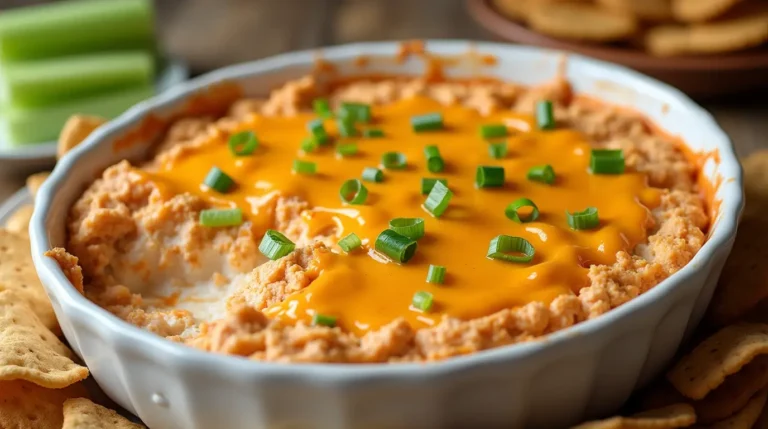Best-Ever Buffalo Chicken Dip in a white ceramic dish