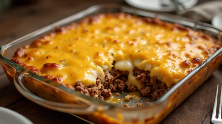 Golden cheesy ground beef and potato casserole.