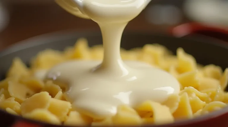 creamy béchamel sauce being poured over pasta, highlighting its smooth, glossy texture.