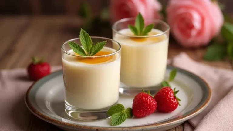 Honey ricotta panna cotta topped with mint and honey.