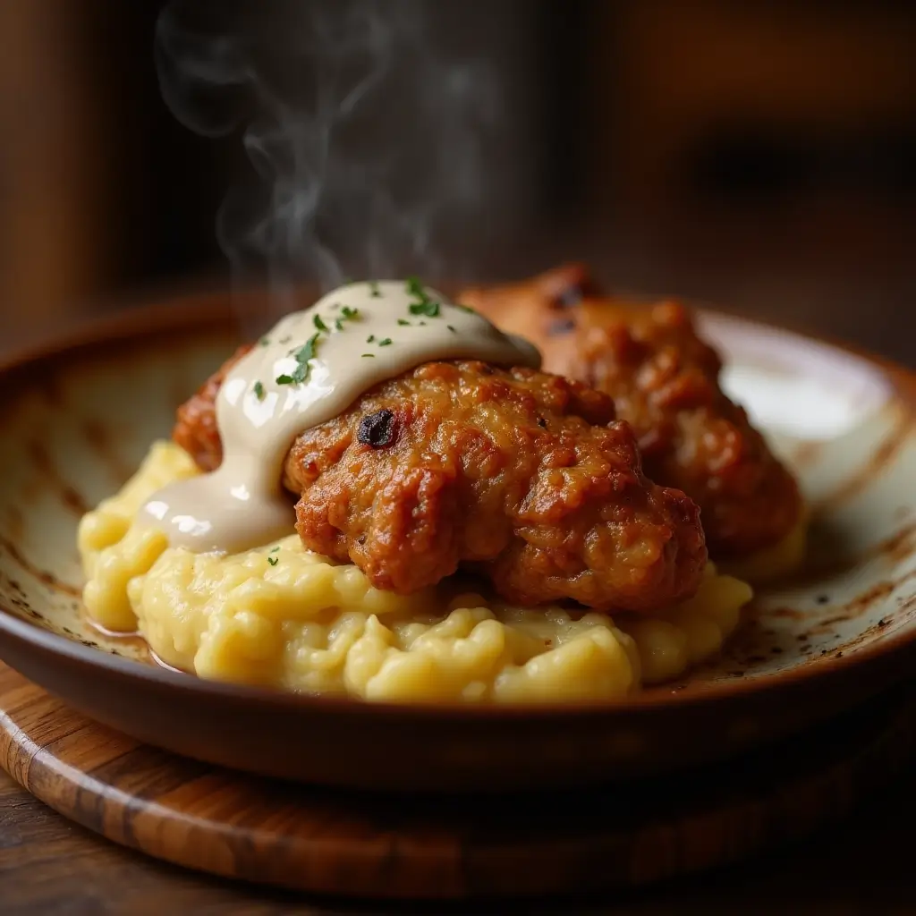 Crispy fried chicken livers served with mashed potatoes and white gravy.