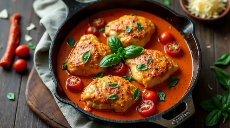 One pan creamy chicken thighs with chorizo in a rich sauce, garnished with basil and cherry tomatoes in a cast-iron skillet.