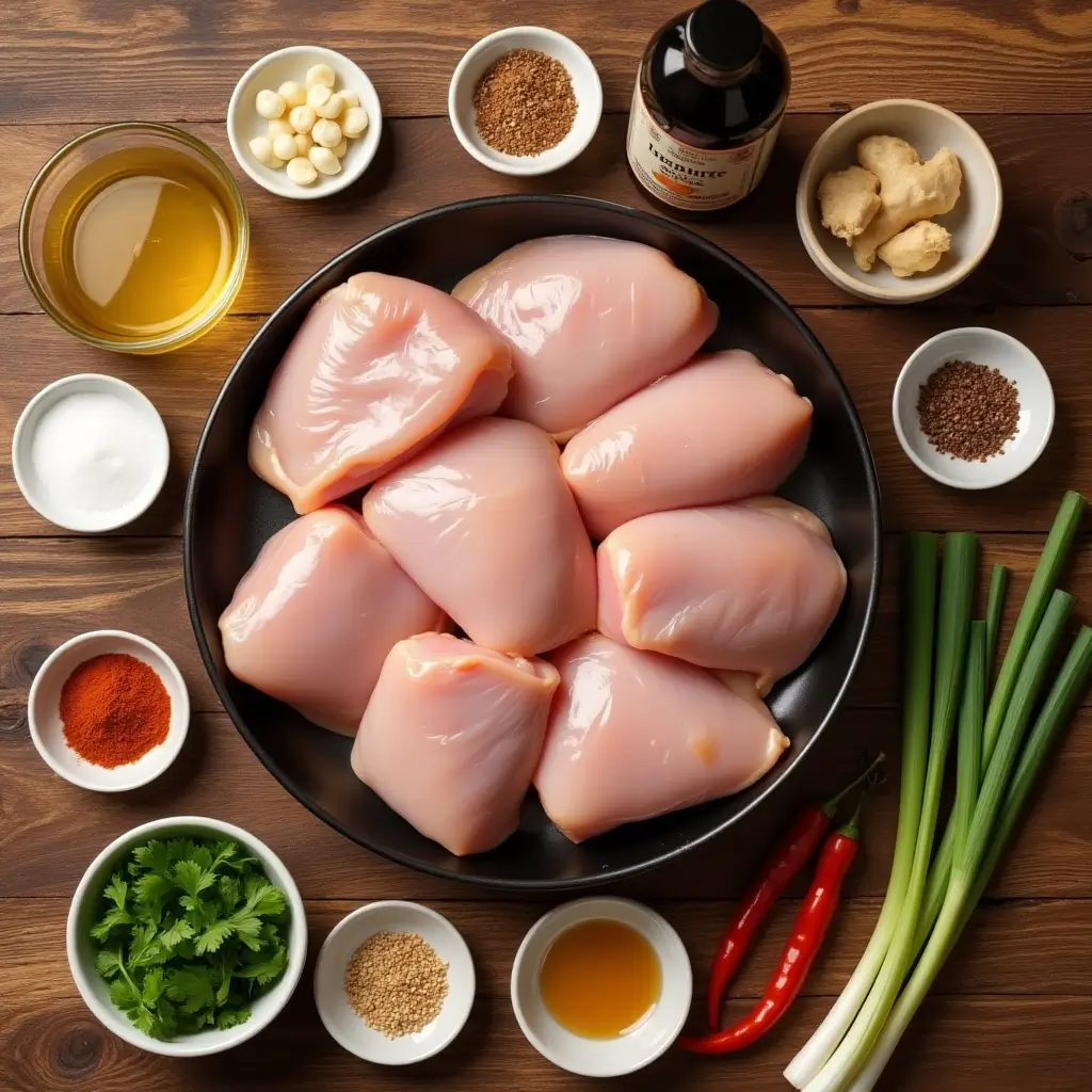Raw uncooked ingredients for honey garlic chicken thighs arranged neatly on a wooden surface before cooking.