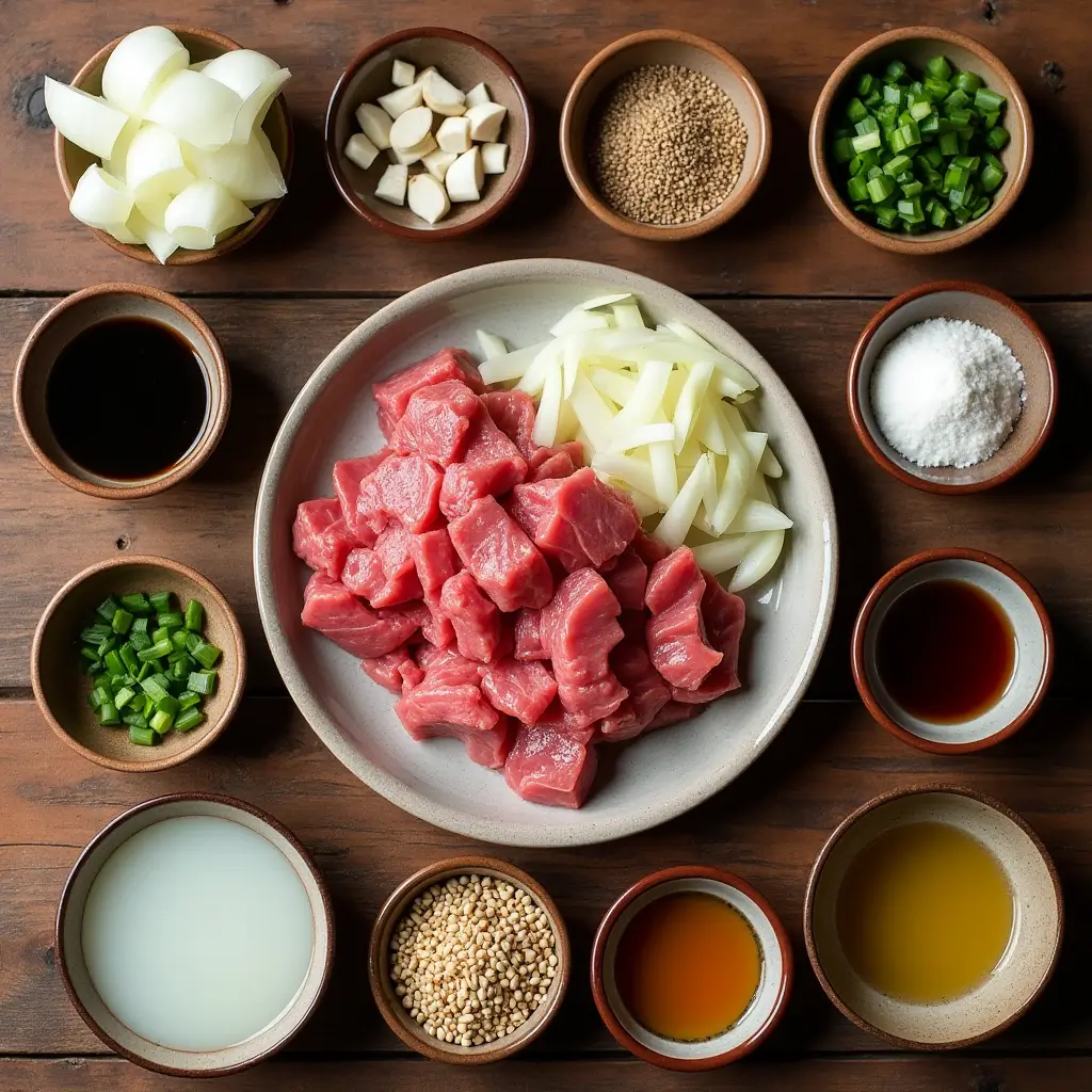 Raw ingredients for beef and onion stir-fry arranged in bowls on a wooden surface.