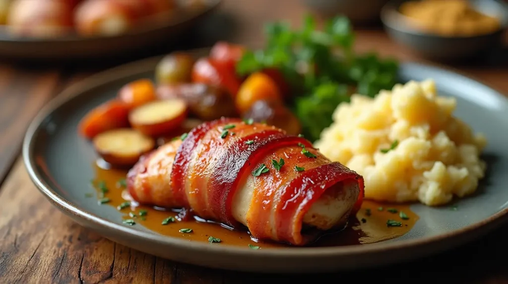 Crispy bacon-wrapped chicken breast served with roasted vegetables and mashed potatoes on a rustic wooden table.