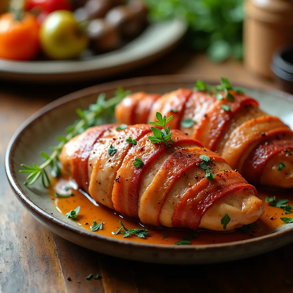 Bacon-wrapped chicken breast served on a rustic plate, garnished with herbs and paired with roasted vegetables, showcasing a golden, crispy finish.