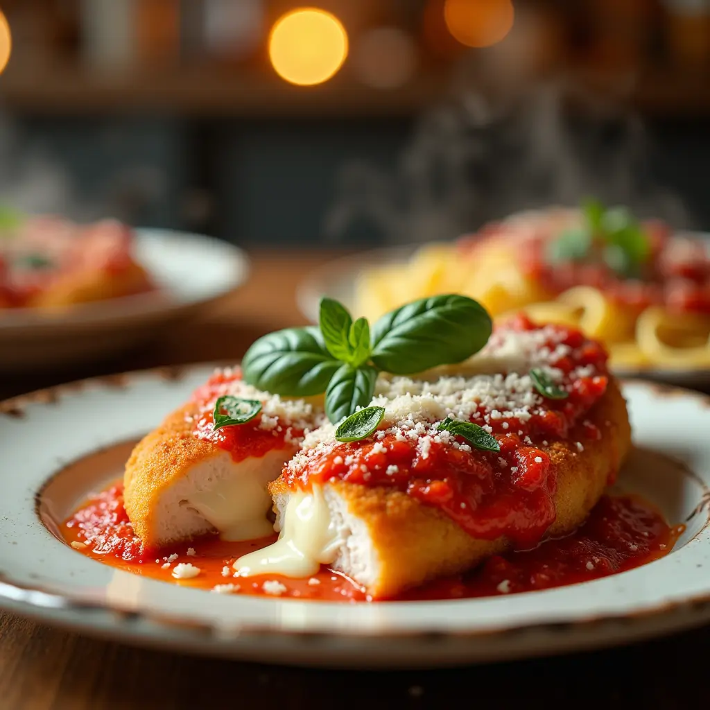 Golden, crispy chicken parmesan with melted cheese and marinara sauce, evoking a cozy, family-style dinner scene.