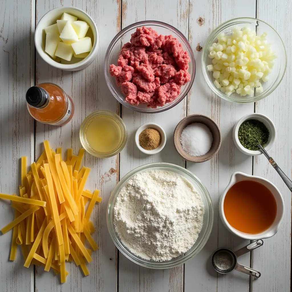 Ingredients for a one-skillet meal, arranged on a wooden surface with natural lighting.
