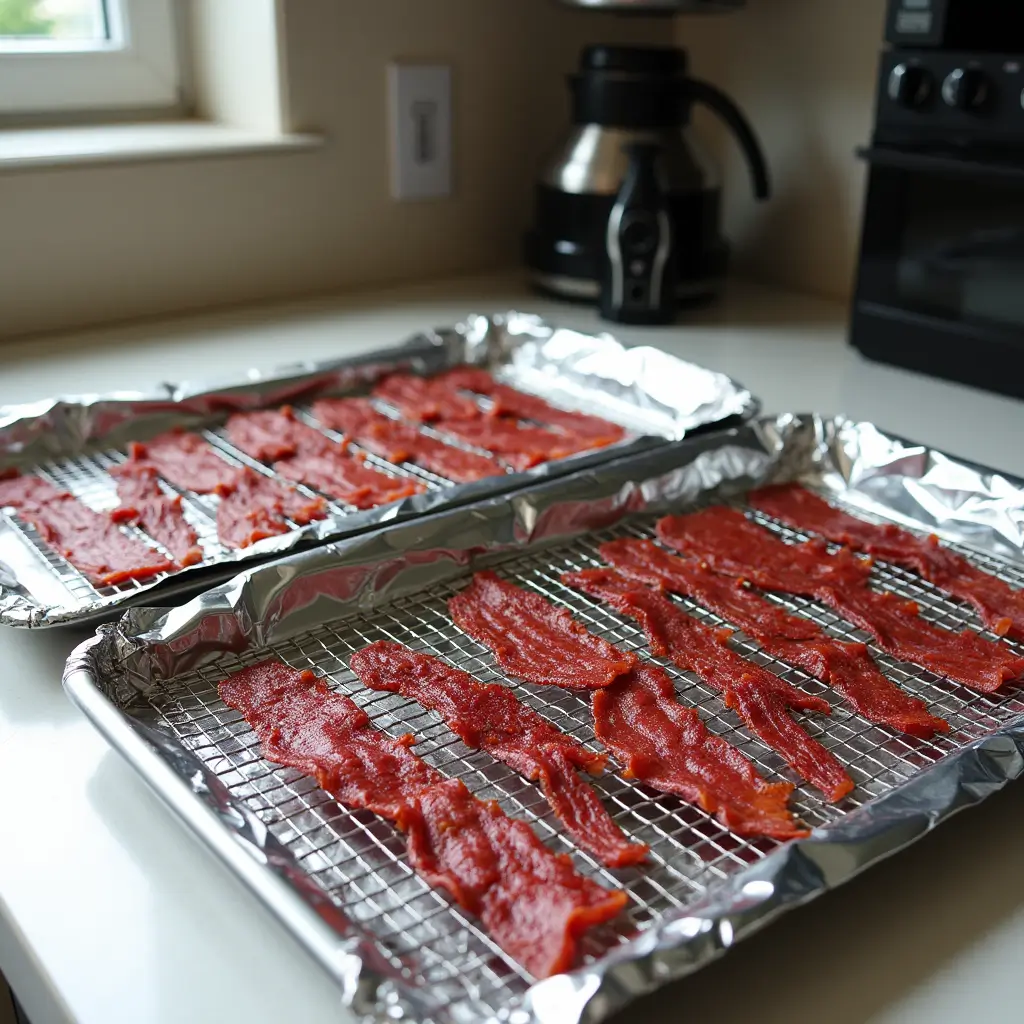 Baking sheets lined with foil and wire racks set up for drying beef jerky in a home kitchen.