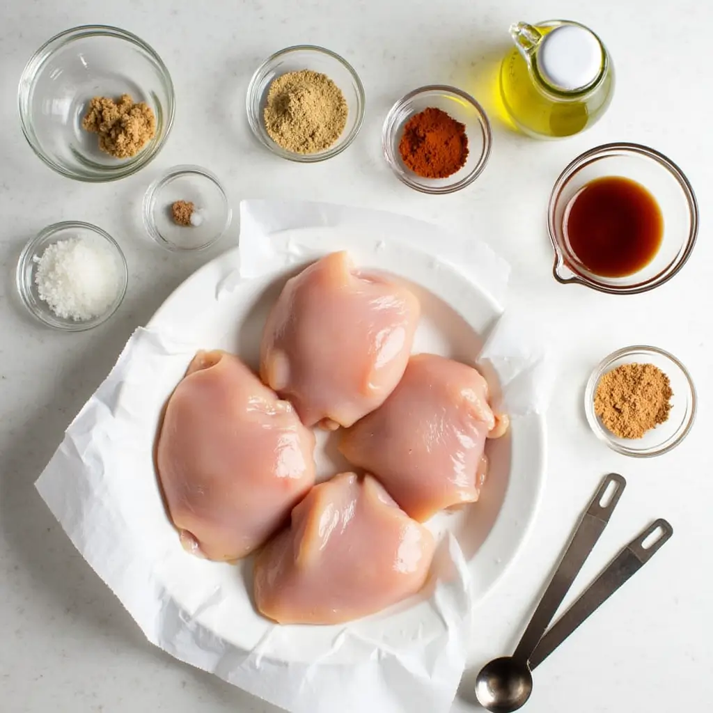Ingredients for BBQ chicken thighs arranged on a rustic kitchen counter, including raw boneless skinless chicken thighs, spices in small bowls, a jar of BBQ sauce, and a carafe of oil.