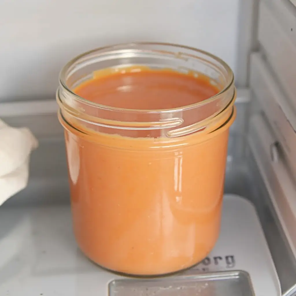 Airtight container of homemade Yum Yum Sauce chilling in the refrigerator.