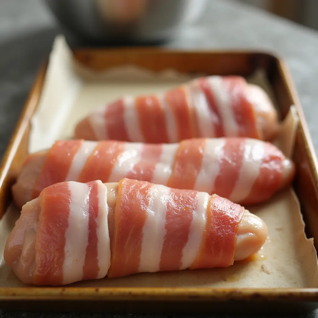 Chicken breasts wrapped with overlapping bacon strips, placed seam-side down on a baking dish.