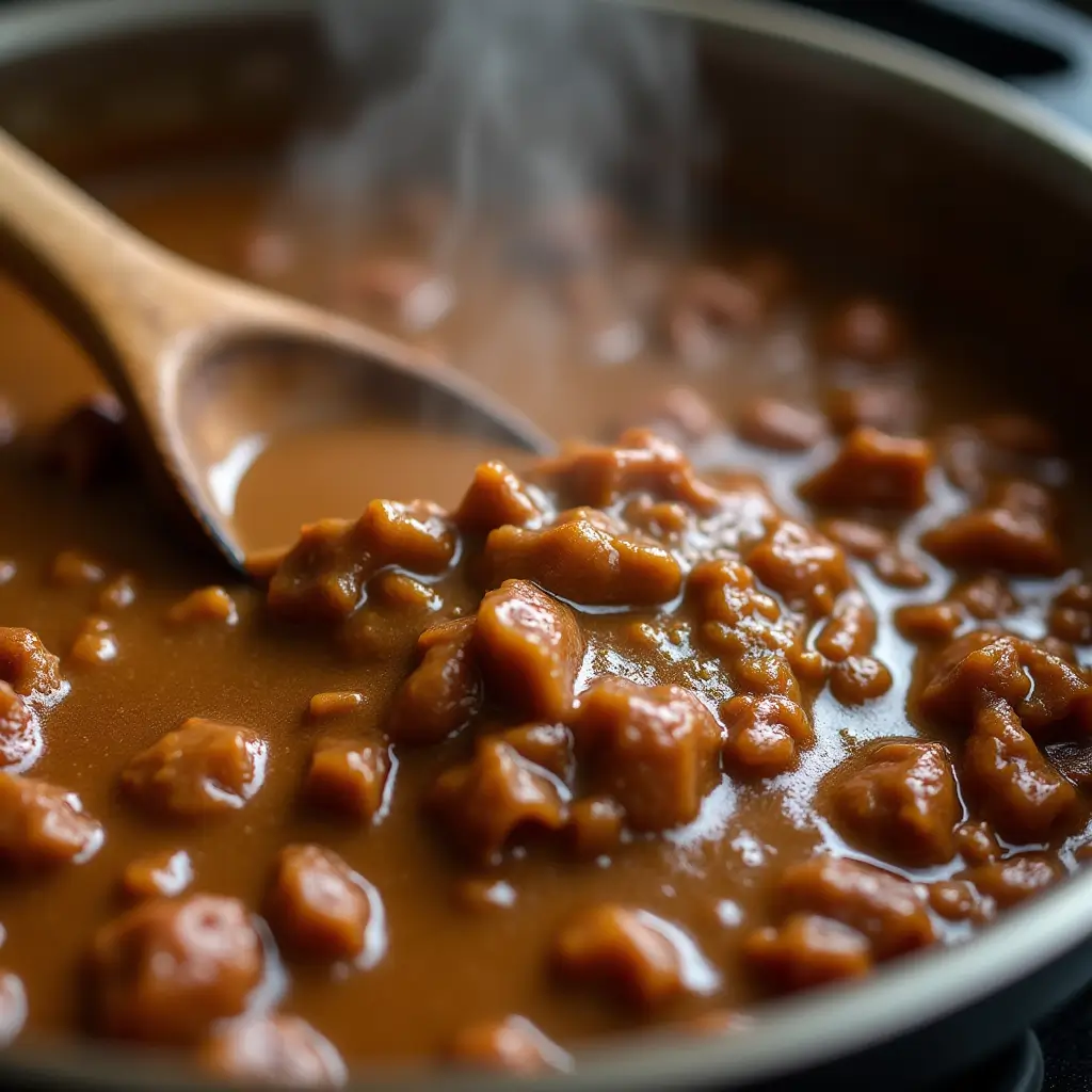 Beef gravy simmering in a skillet, thickening as it cooks.