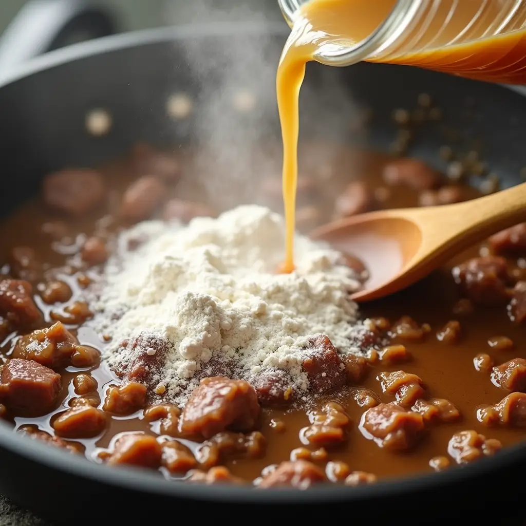 Flour sprinkled over beef mixture in a skillet, with beef broth being poured in to make the gravy.