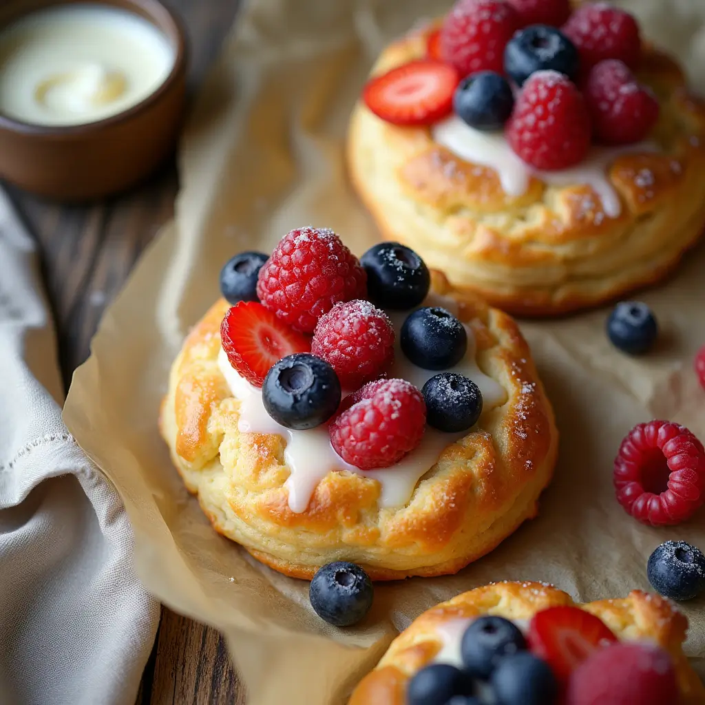 Close-up of Cream Cheese Puff Pastries topped with berries and drizzled glaze on a parchment-lined tray.