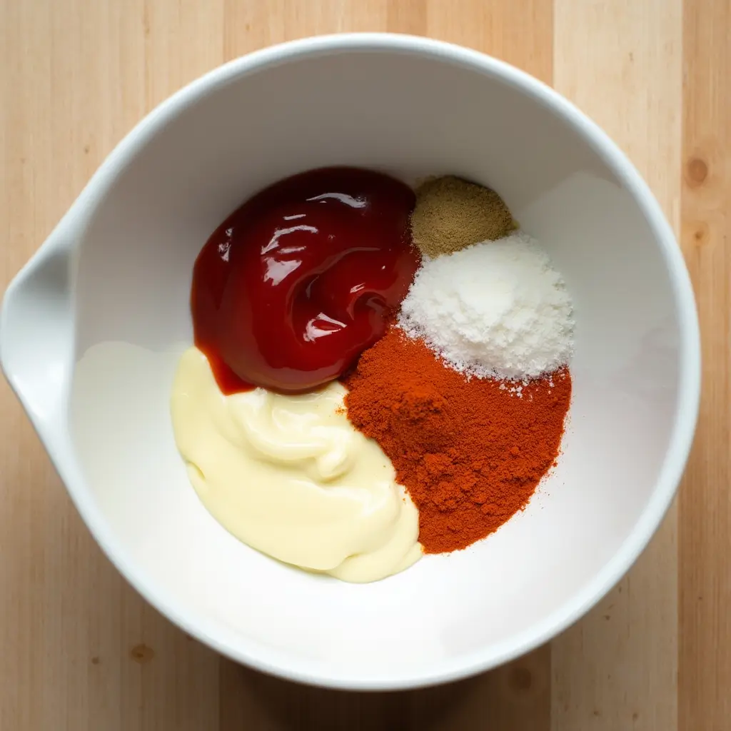 Unmixed Yum Yum Sauce ingredients in a white bowl.