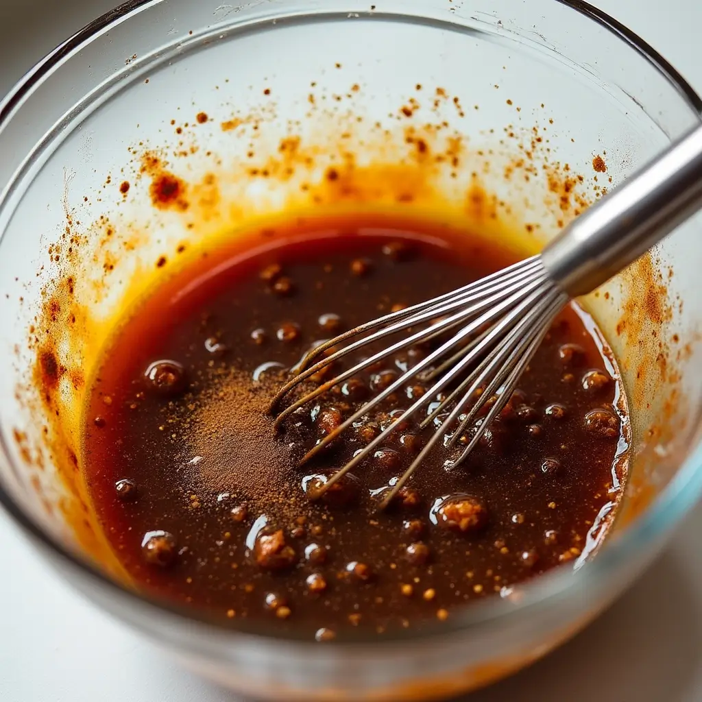 Glass bowl with brown sugar marinade being whisked, showing spices and glossy texture on a clean kitchen countertop.