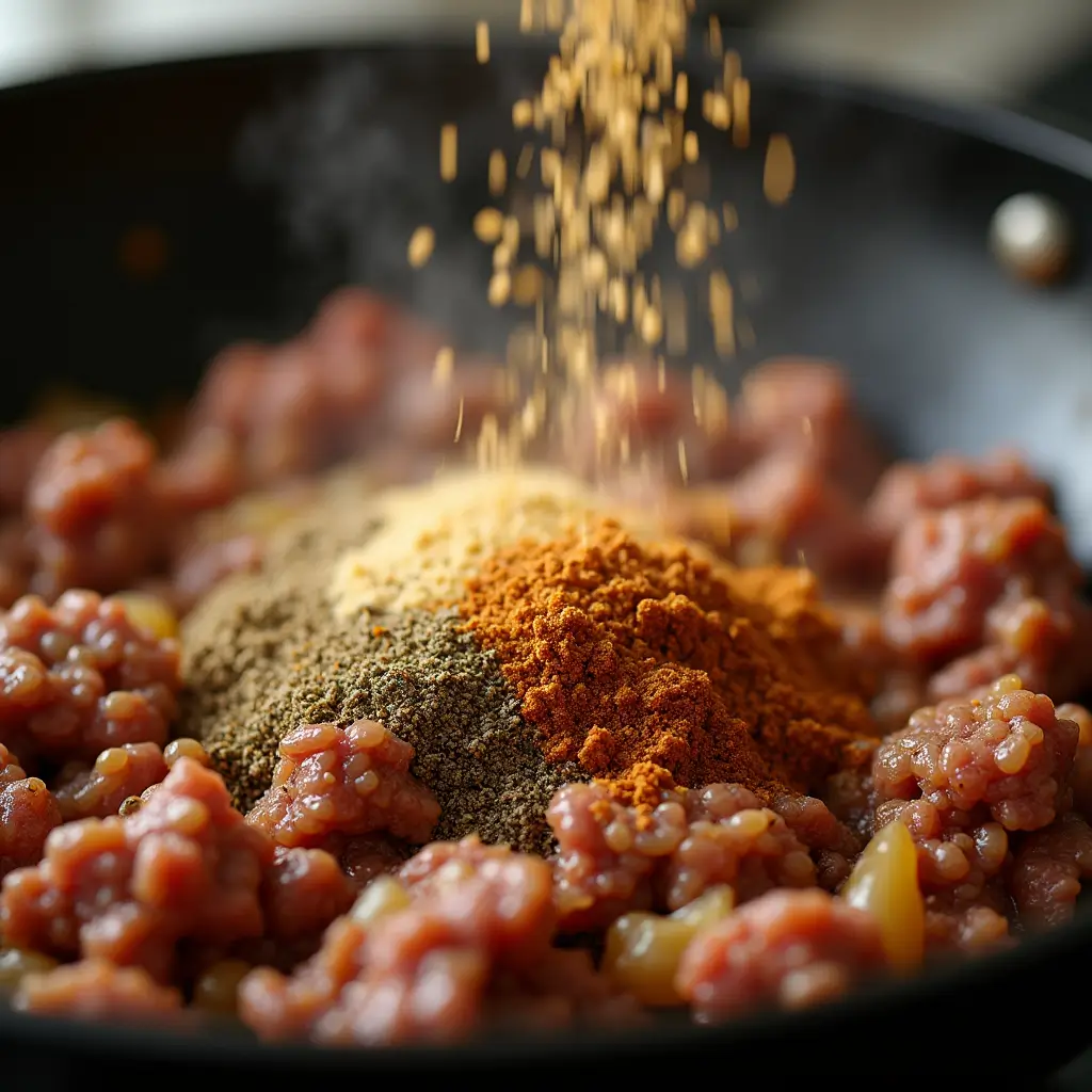 Minced garlic, Worcestershire sauce, and Italian seasoning being stirred into browned beef and onions in a skillet.