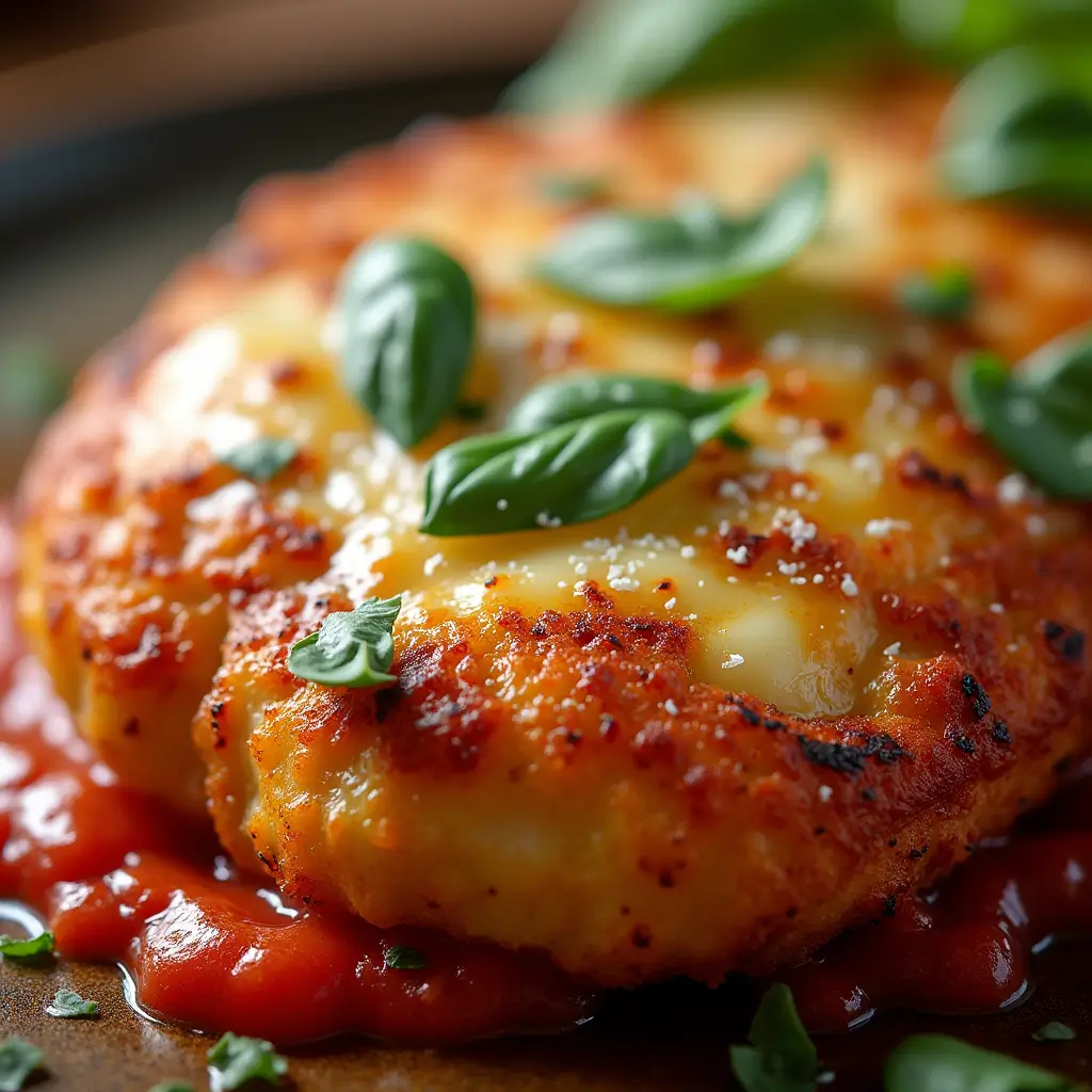 Close-up of a golden, crispy grilled chicken parmesan cutlet topped with melted mozzarella cheese, grated Parmesan, fresh basil, and rich marinara sauce, highlighting the gooey texture and crispy edges.