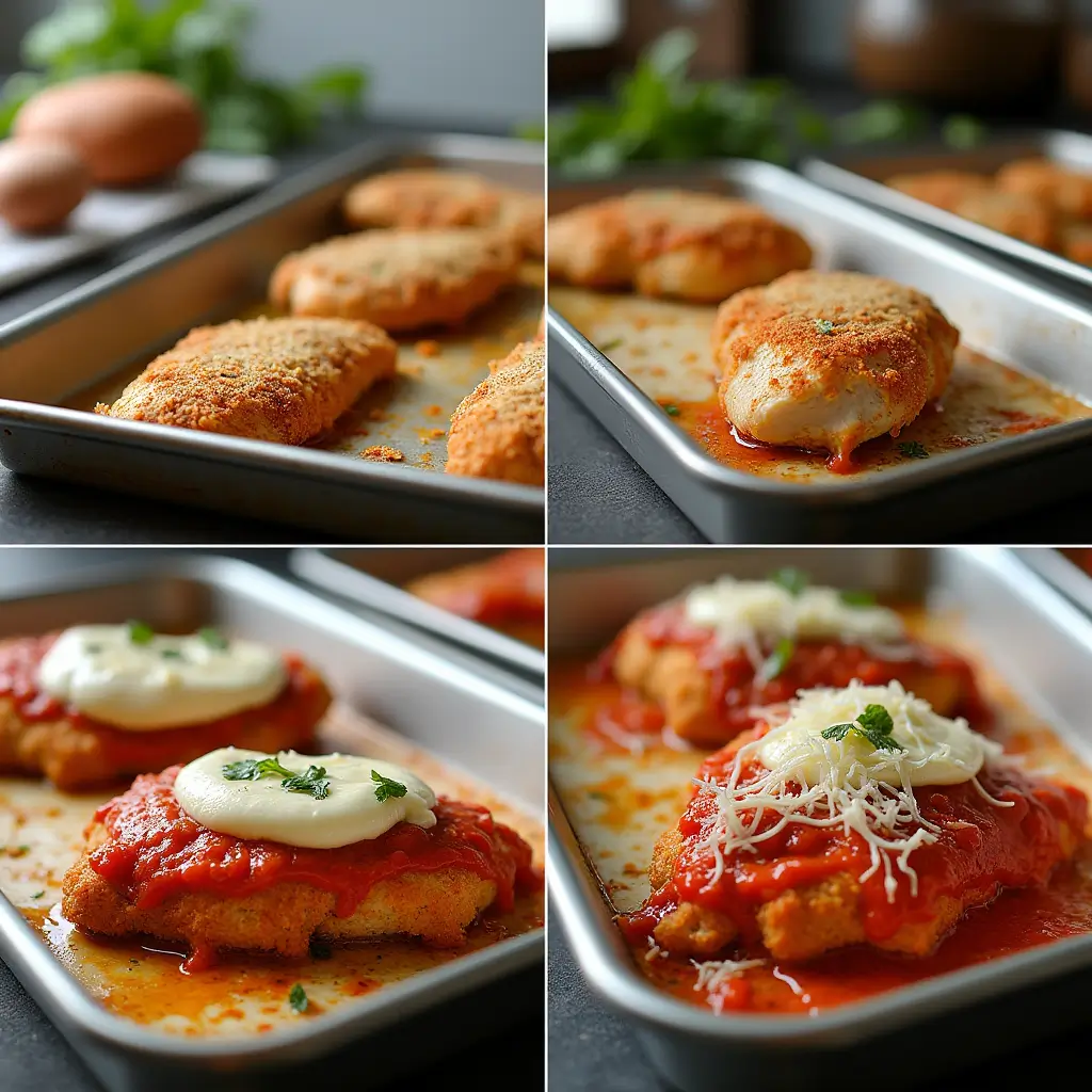 Steps of baking chicken parmesan: prepping and oiling pan, baking chicken to golden crust, adding cheese and sauce, finishing with bubbling browned cheese under broiler.