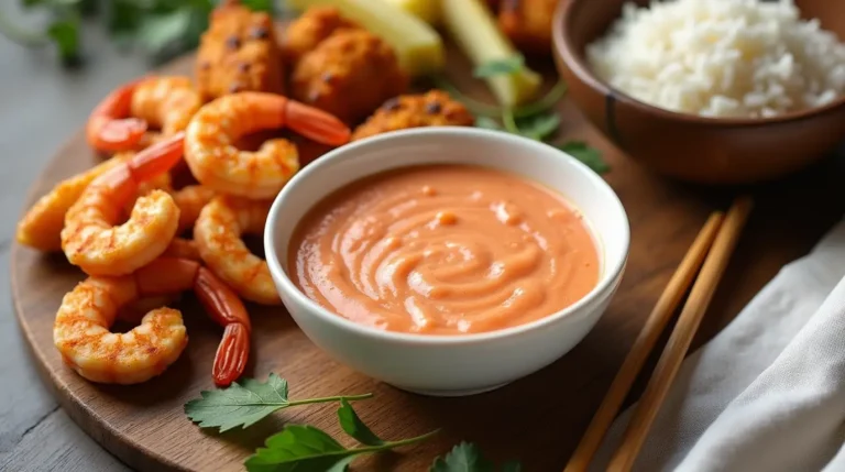 Homemade Yum Yum Sauce in a white bowl served with grilled steak, shrimp, vegetables, and a side of rice.