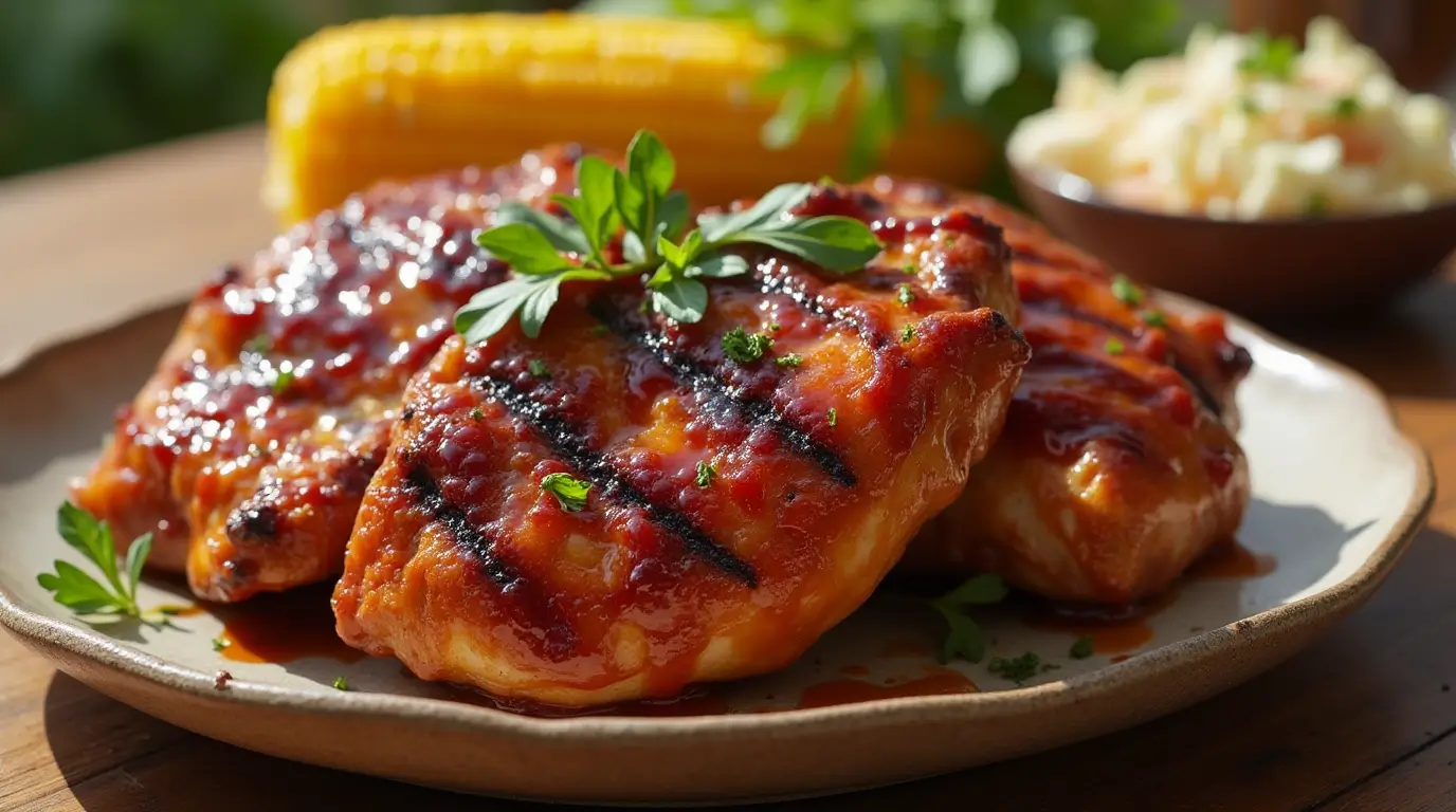 Delicious BBQ chicken thighs glazed in sticky barbecue sauce, garnished with fresh herbs and served with corn and coleslaw on a rustic table.