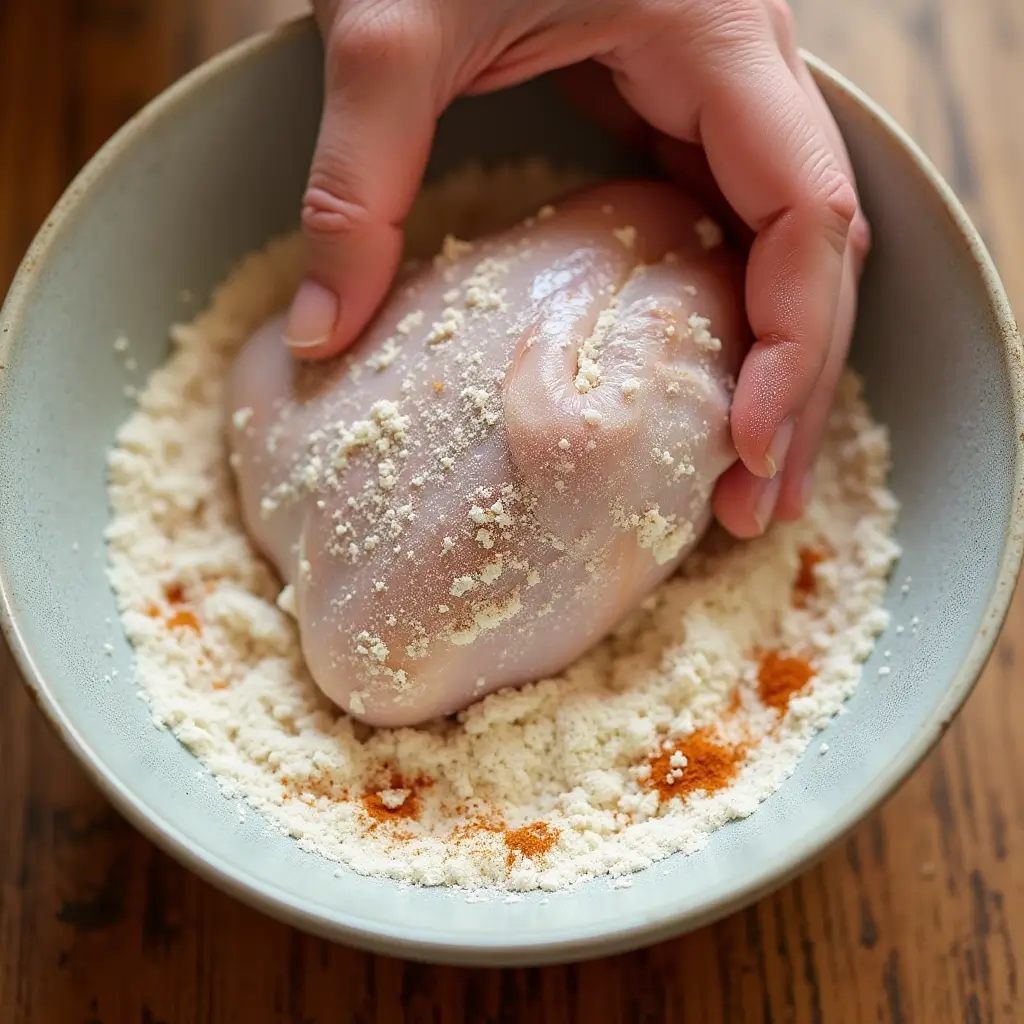 Fresh buttermilk-marinated chicken thigh being dredged in seasoned flour mixture for crispy coating.