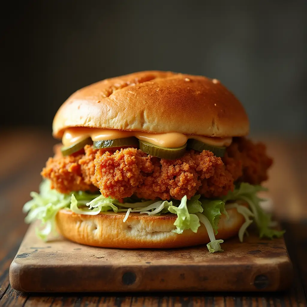 A crispy fried chicken sandwich on a toasted brioche bun with shredded lettuce, pickles, and honey-sriracha mayo.