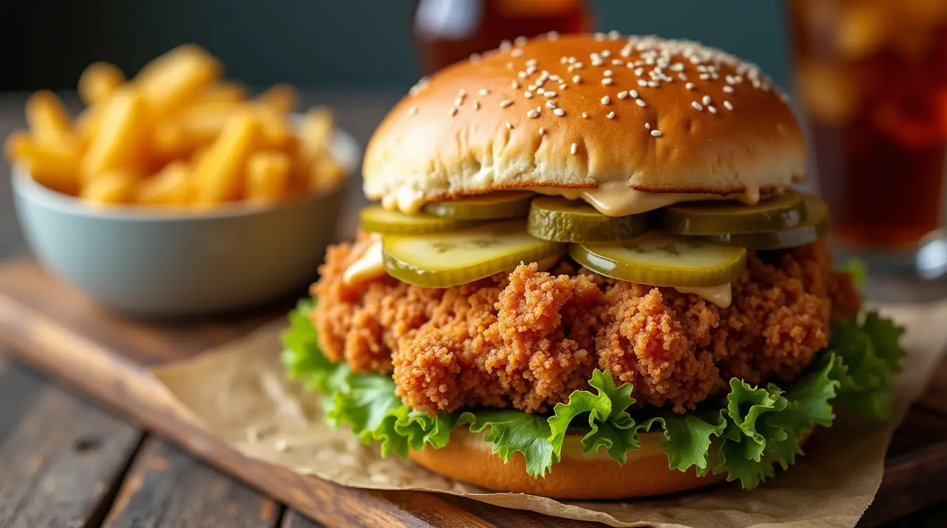 Crispy fried chicken sandwich on a toasted brioche bun with pickles, lettuce, and mayo, served with fries on a rustic wooden board.