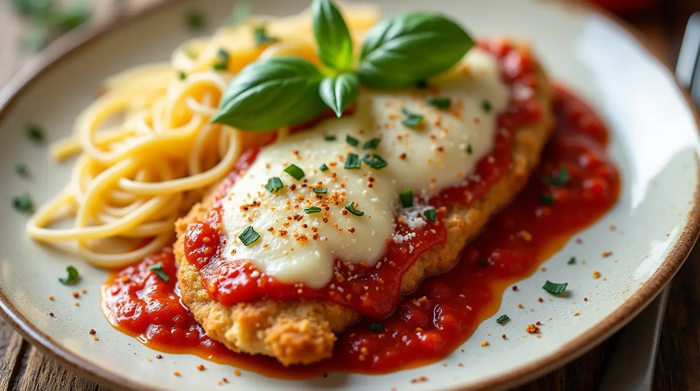 Crispy chicken parmesan topped with melted mozzarella, rich marinara sauce, and fresh basil, served on a rustic white plate with pasta.