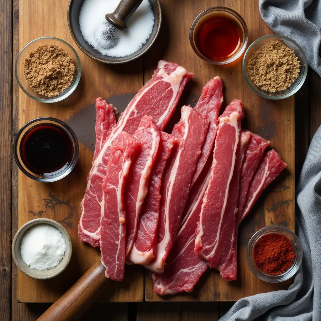Visual layout of sliced beef and seasoning ingredients for homemade jerky on a wooden board, styled naturally with no text.