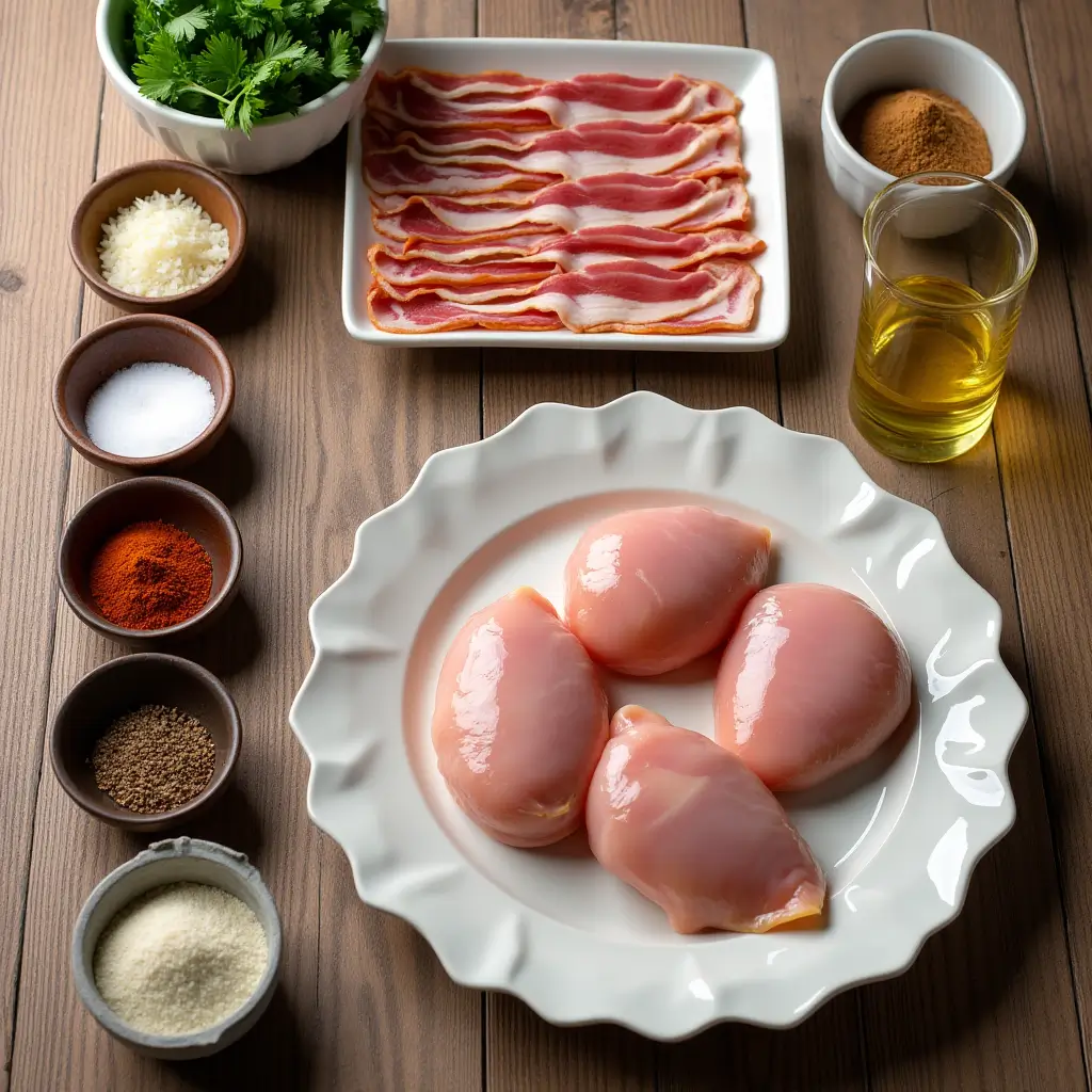 Fresh ingredients for bacon-wrapped chicken arranged on a wooden table: chicken breasts, bacon, spices, and parsley.
