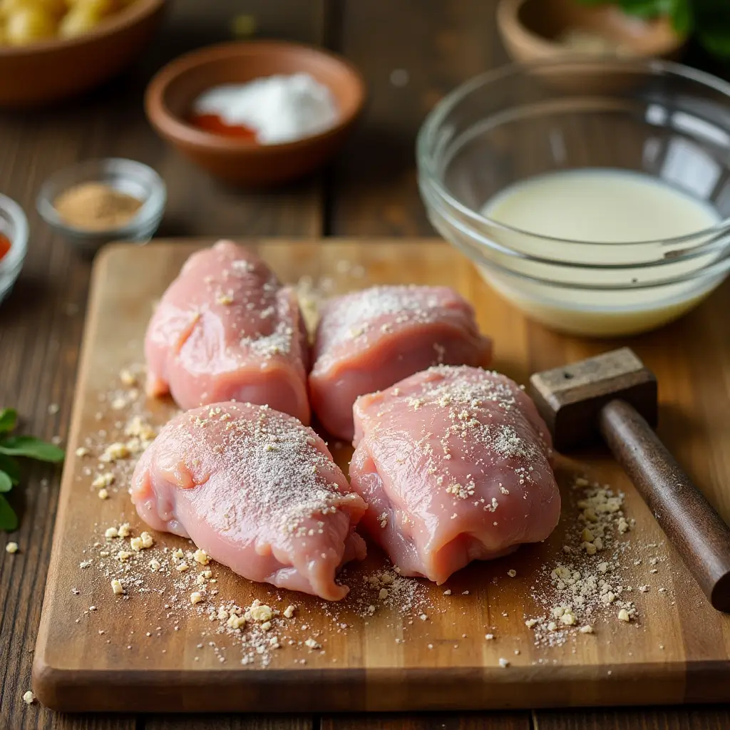 Chicken thighs being pounded on a cutting board next to a bowl of buttermilk and spices, ready for marinating.