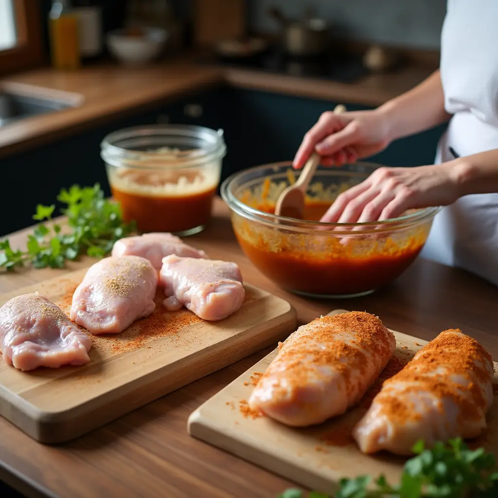 Step-by-step preparation of BBQ chicken thighs showing trimming, seasoning, massaging spices into the meat, and placing marinated chicken into the fridge.