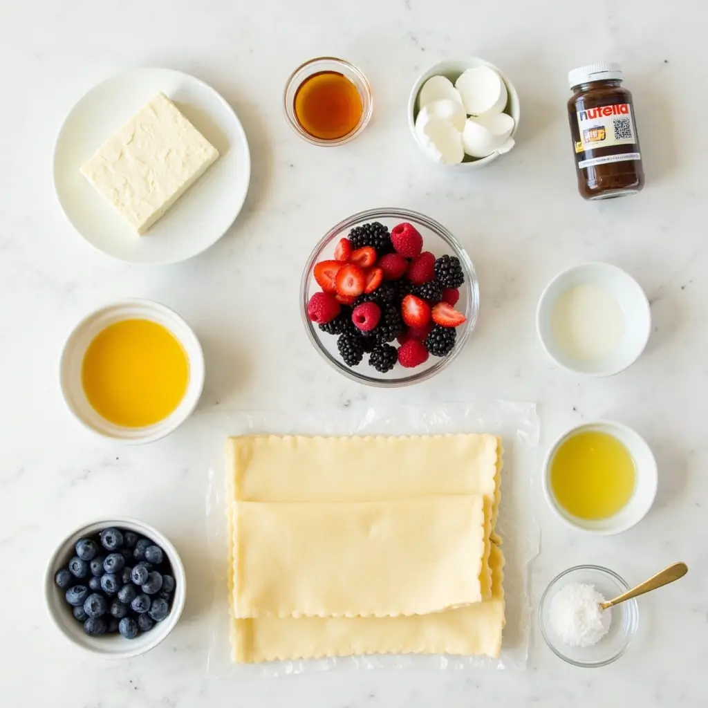 Flat lay of ingredients for cream cheese puff pastries, including cream cheese, sugar, egg yolk, lemon juice, vanilla, puff pastry sheets, fresh berries, various spreads, egg wash, coarse sugar, powdered sugar, and milk.