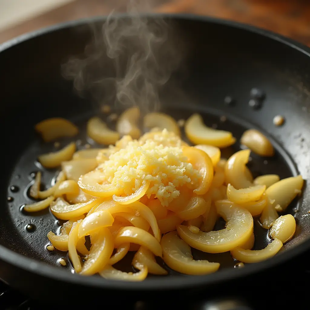 Sliced onions and garlic sautéing in a hot skillet.