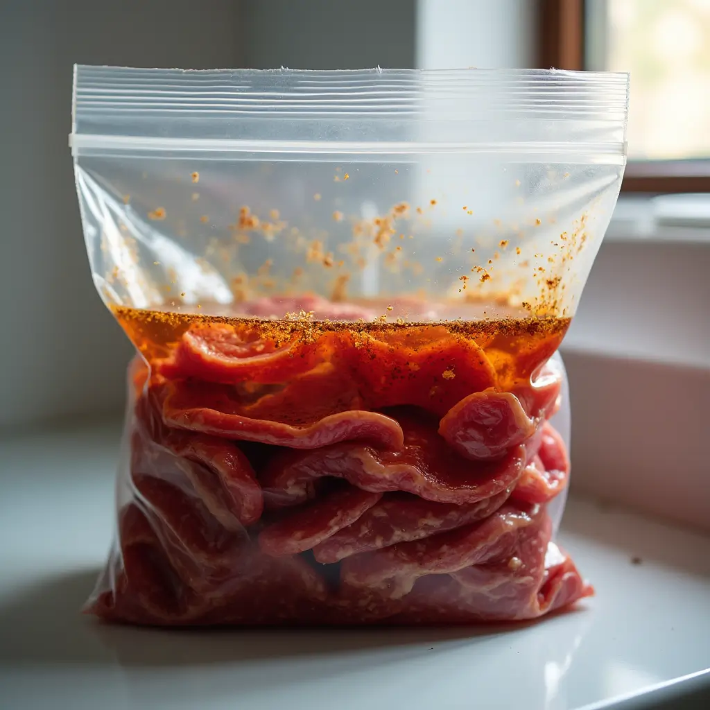 Beef strips marinating in a seasoned dark marinade inside a clear bag, ready for refrigeration.