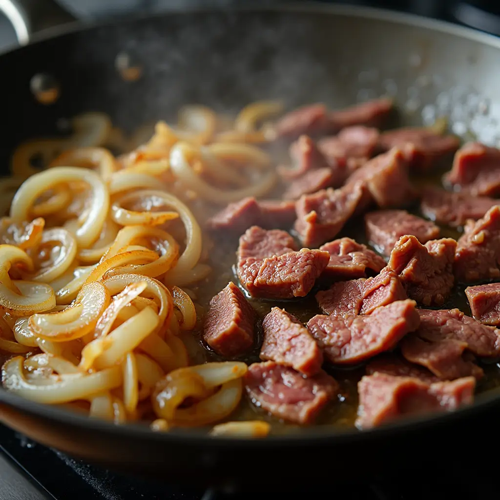 Beef slices searing in a pan beside sautéed onions.