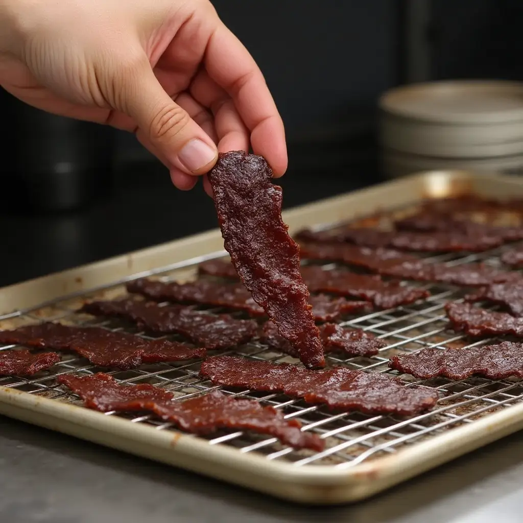 Hand testing a piece of jerky for doneness by bending it over a wire rack.