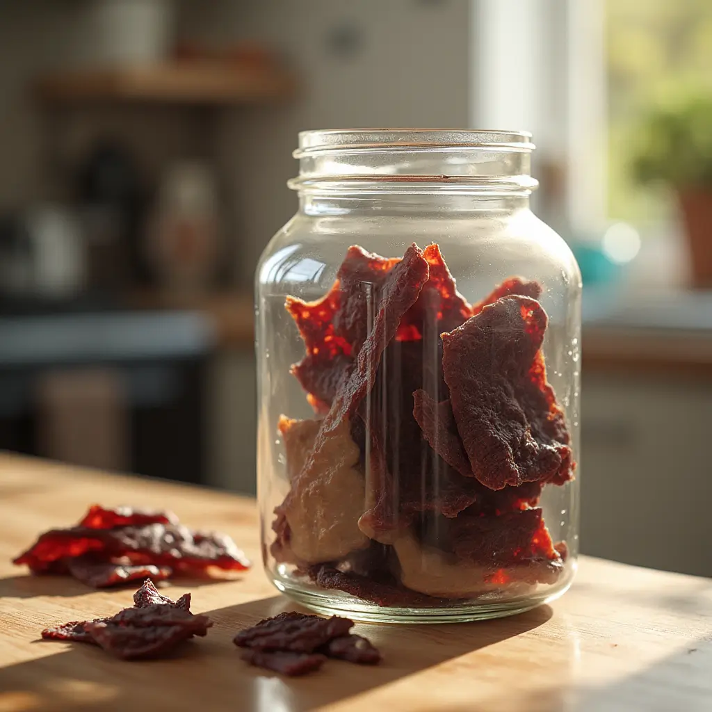 Packing cooled beef jerky into a glass jar for storage.