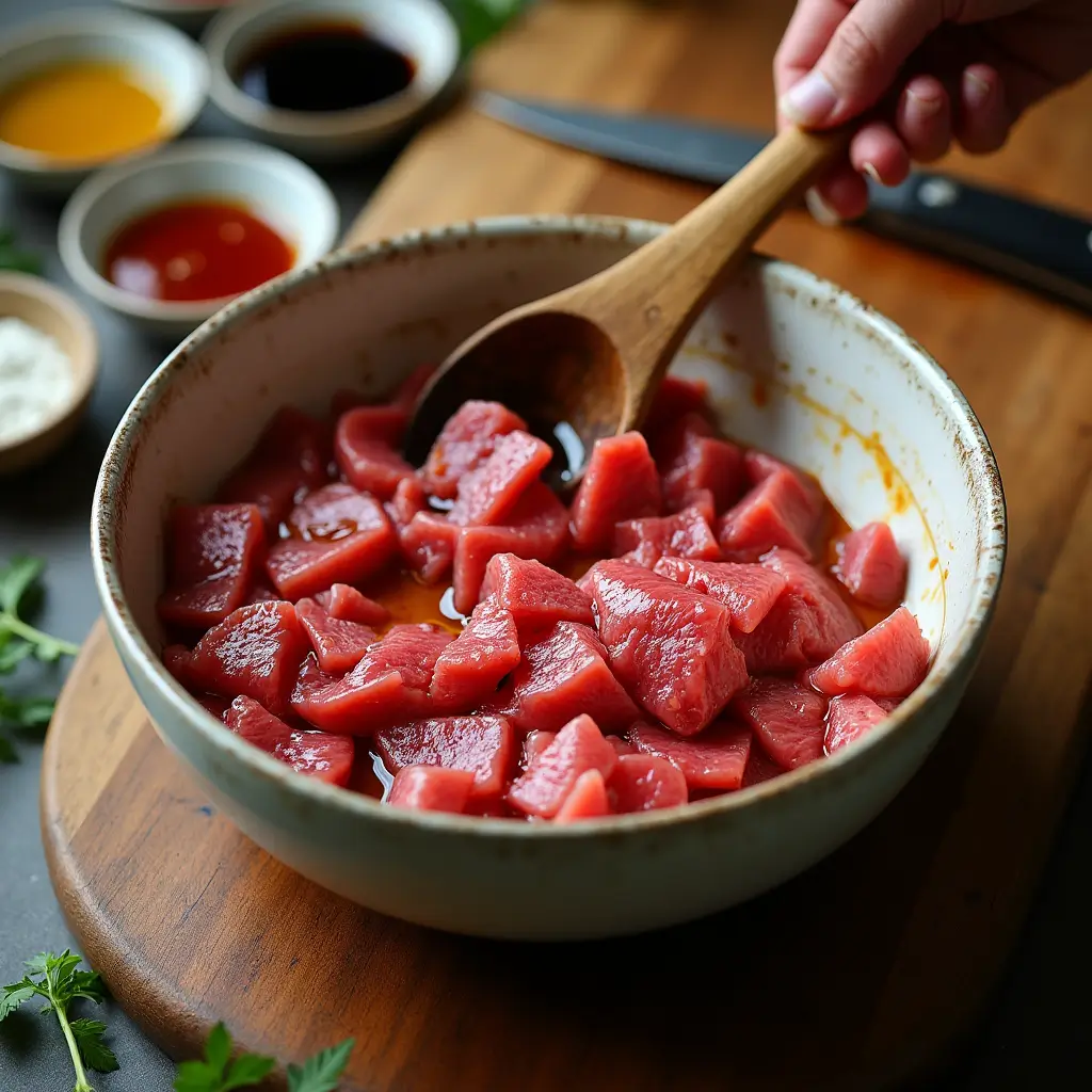 Beef slices being marinated in a bowl with sauce and spices.