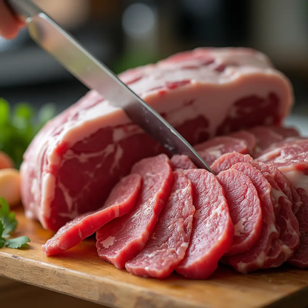 Partially frozen eye of round beef roast being thinly sliced on a wooden cutting board in a bright kitchen, showing fresh raw meat texture and a sharp knife, captured in natural light with a professional food photography style.
