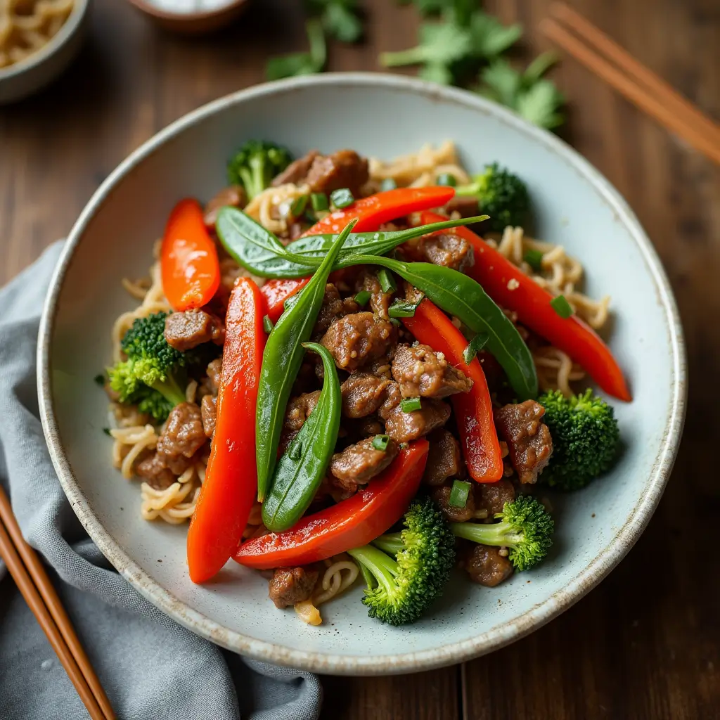 Beef stir-fry served with colorful stir-fried vegetables on a plate.
