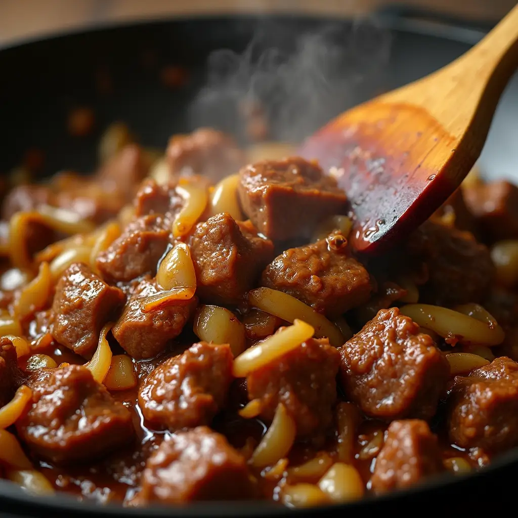 Beef and onions tossed together in a glossy stir-fry sauce.