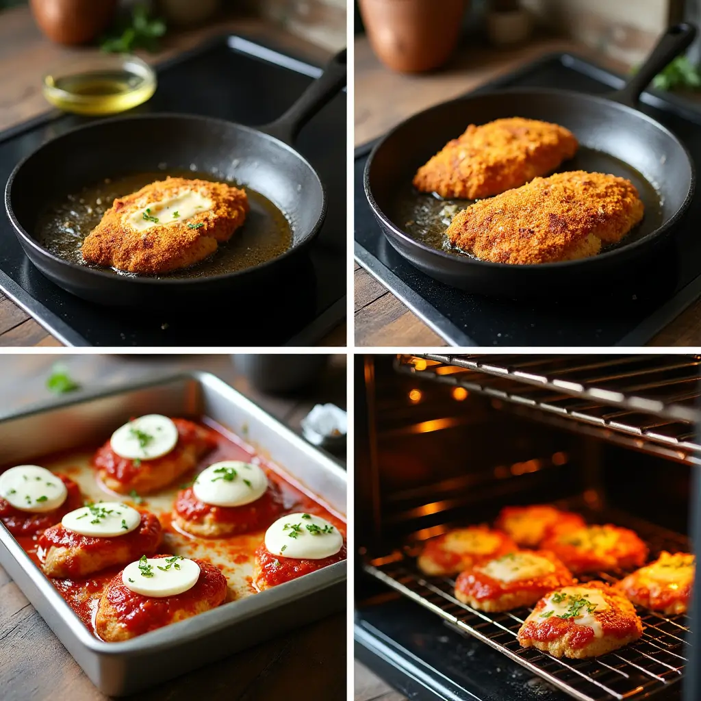 Visual steps of pan-frying chicken parmesan: heating oil in cast iron, searing chicken, topping with cheese and sauce, and baking until golden and bubbly.