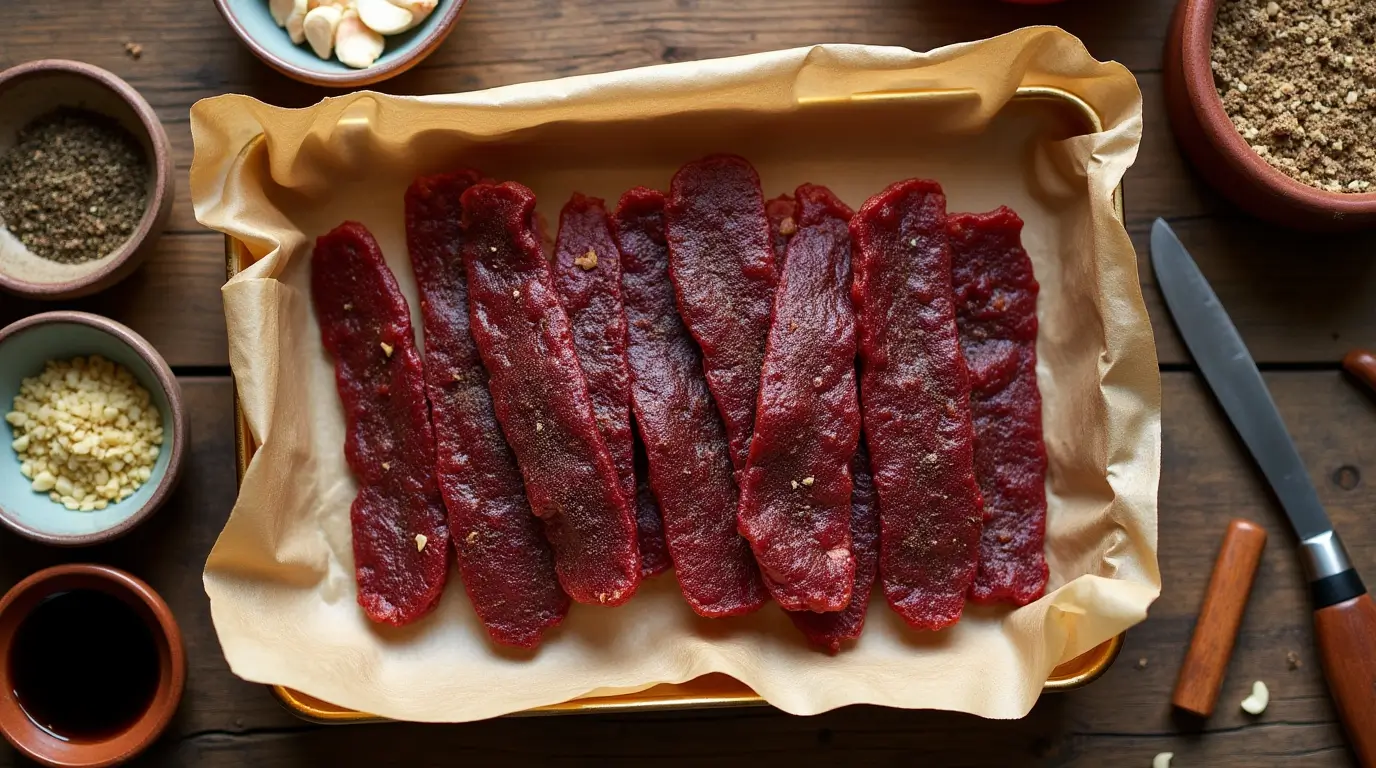 Overhead shot of beef jerky ingredients including raw beef, spices, sauces, and measuring spoons on a wooden surface.