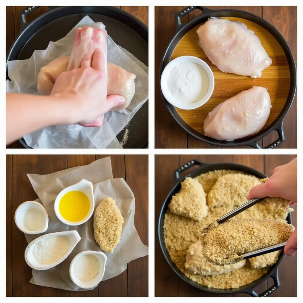 Step-by-step visual of prepping chicken parmesan: tenderizing chicken, drying it, setting up breading station, and coating chicken in breadcrumbs.