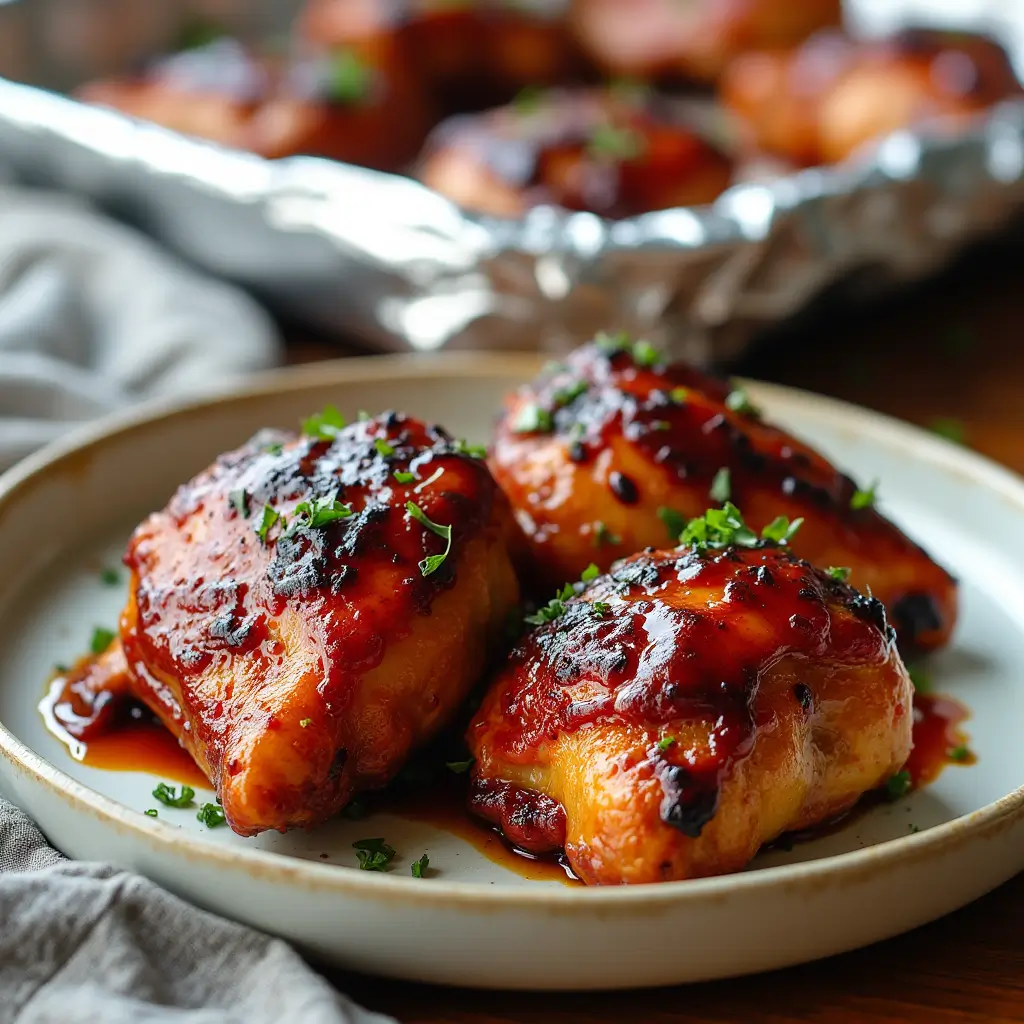 Oven-baked BBQ chicken thighs served on a plate, caramelized and glazed with barbecue sauce, with a foil-lined baking sheet in the background.