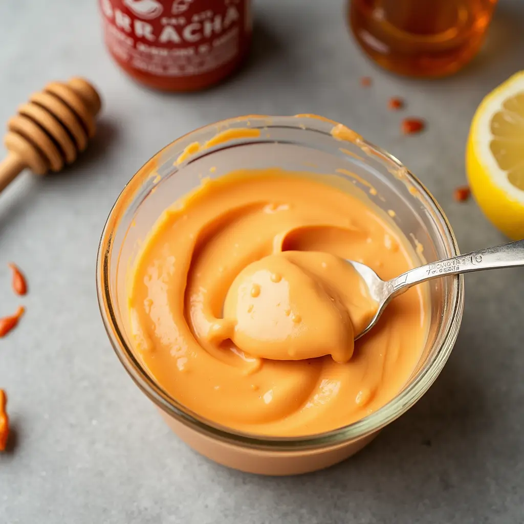 A small bowl of freshly mixed honey-sriracha mayo with a spoon, surrounded by ingredients like sriracha, honey, and lemon.